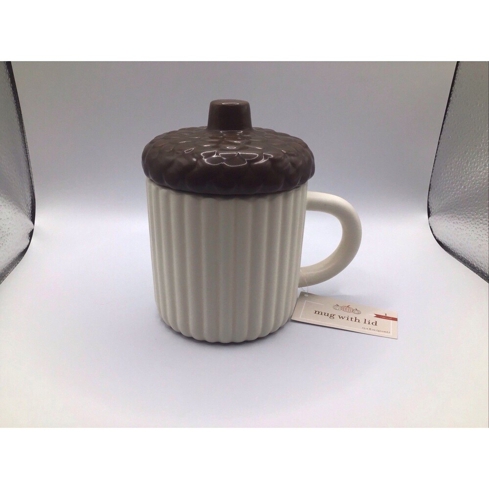 Acorn Topper Coffee Mug With Lid 16 oz  Fall 2025 Ivory Brown New